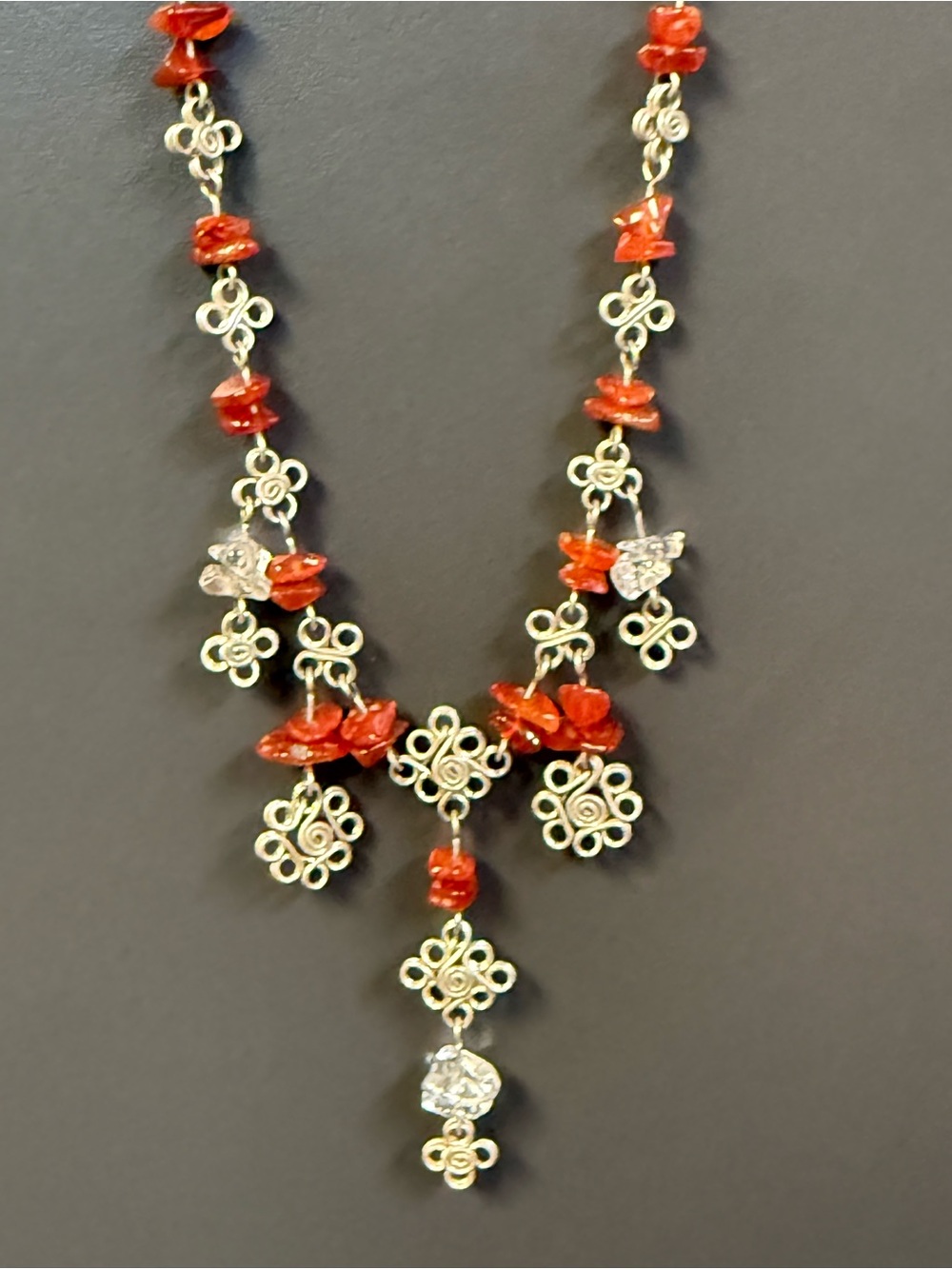Handcrafted Red Coral and Silver Floral Pendant 15” Necklace - Unbranded